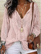 olcso Csipkés felsők-Női Ing Boho ing Blúz Csipke felsők Csipke Tömör szín Virágos Alap Alkalmi Hosszú ujj V-alakú Normál felsők Hétköznapi Napi Fehér Arcpír rózsaszín Khakizöld Nyár Tavasz