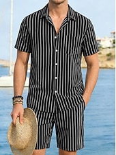 cheap Cotton Linen Shirt-Men Linen Shirt 2 Piece Shirt Set And Shorts Linen Shorts Beach Shorts Set Vertical Stripes Casual Daily Outdoor Turndown Short Sleeve Summer Fashion Casual Comfortable Clothing Apparel