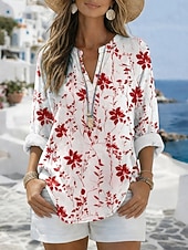 abordables Blusas Florales-Mujer Blusa Estampado Floral Graphic Vintage Diario Elegante Manga Larga Escote en Pico Tops regulares Casual Diario Festivos Azul Piscina Rojo Morado Verde Trébol Verano Primavera