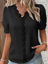 olcso Egyszerű póló-Női Póló Tee Top Csipke Kollázs Sima Divat Stílusos Klasszikus Rövid ujjú V-alakú Normál felsők Napi Alkalmi Hétvége Fekete Fehér Sárga Égszínkék Bíbor Nyár Tavasz