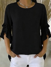billiga Enkla blusar-Dam Blus Chiffong toppar Volang Asymmetrisk nederkant Slät Modern Ledigt 3/4 ärm Rund hals Vanliga toppar Utomhus Streetwear Helgdag Svart Rubinrött Orange Grön Sommar Vår