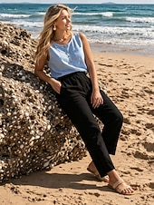 abordables Bas-Femmes Chinos Pantalon d'été 100% Coton Droit Vacances Streetwear Basique Longueur complète Taille moyenne Uni Avec Poches Taille Élastique Confortable Confort Non Elastique Quotidien Extérieur