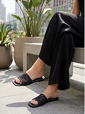 cheap Slide Sandals-Women's White Embroidered Mesh Slide Sandals – Floral Lace Design, Square Toe, Romantic Beach Style for Summer Vacations and Casual Wear