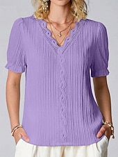 cheap Plain tee-Women's T Shirt Lace Splicing Top Tee Top Lace Patchwork Plain Fashion Stylish Classic Short Sleeve V Neck Regular Tops Daily Going out Weekend Black White Yellow Purple Fuchsia Summer Spring
