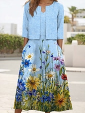  Per donna Insieme del vestito Abito Midi Abito a trapezio Elegante Casual Floreale Grafico Stratificato Stampato Abito Midi Mezza Manica Scollo a V Quotidiano Blu Giallo Rosa Estate Primavera