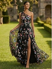  Linea ad A Lunghezza al pavimento Abito da Sera Abito formale Elegante Floreale Senza Maniche Monospalla Festa in giardino Matrimonio Raso Tulle con Fiore ricamato Pieghe Spacco