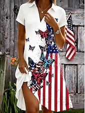  Amerikanischer Unabhängigkeitstag Damen Minikleid A Linie Kleid Urlaub Lässig Strand Normale Passform Grafik Flagge Kurzarm V Ausschnitt Schwarz Weiß Sommer Frühling