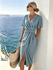 economico Vestito bianco-Per donna Abito Midi Vestito Estivo Vestito Casual Vacanza Casual Boho Spiaggia Feste Data Vestibilità regolare Semplice Manica Corta Scollo a V Blu Cachi Beige Estate Primavera