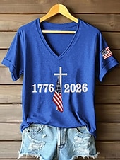  Amerikaanse onafhankelijkheidsdag Dames T-shirt Afdrukken Grafisch Brief Amerikaanse vlag Stijlvol Casual Korte mouw V-hals Normale tops Casual Dagelijks blauw Zwart Rood Groen Zomer Lente