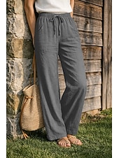 economico Fondi-Pantaloni da donna taglie forti 100% cotone a gamba larga, ideali per vacanze, basic, casual, per tutti i giorni, lunghezza intera, vita alta, tinta unita, coulisse, gamba larga, comodi, ad asciugatura rapida, morbidi, anelastici, grigi, neri, bianchi