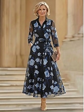 voordelige Enkel Lengte-A-lijn Jurken Tot de enkel Over de knie Bruiloft gast jurk Moeder van de bruid jurk 3/4 mouw Overhemdkraag Elegant Vintage Formeel Bruiloft gast Semi formeel Organza Jacquard met Strik(ken)