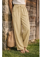 Недорогие Роскошные брюки-Жен. Широкие Льняные брюки Штаны Чино Отпуск Мода Классический Полная длина Нормальная Полотняное плетение Кулиска Плиссировка Карман Комфорт Легкость Дышащий Неэластичная