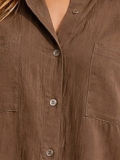 billige Essensielle falske skjorter-Dame Skjorte Uformell skjorte Skjorte med knapper Bomullsskjorte Helfarge عادي Elegant Ferie Mote Langermet Aftæpning Lange topper Gateklær Strand Ferie Brun Sommer Vår Høst