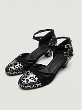 economico Scarpe da ballo di sala e danza moderna-Scarpe da ballo da sala da donna con stampa leopardata – tacco standard a punta tonda con cinturino alla caviglia, per allenamento professionale &amp; prestazione