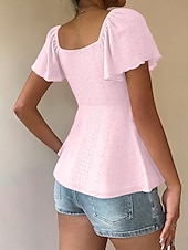 abordables T-shirt uni-Femmes Chemisier Cordon de serrage Œillet Couleur Unie Élégant Sexy Occasionnel Manche Courte Col carré Hauts Réguliers Quotidien Noir Blanche Jaune Rose Claire Bleu Ciel Été Printemps
