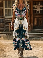 billiga Etnisk Boho Klänning-Dam Maxiklänning Boho-klänning Vintage klänning Vardagsklänning Vintage Normal Blommig Ärmlös V-hals Blå Svartvit Grön Sommar Vår