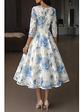 cheap Cocktail Dresses-A-Line Ankle Length Tea Length Formal Dresses Cocktail Dresses Elegant 3/4 Length Sleeve V Neck Wedding Formal Organza Jacquard with Floral Print