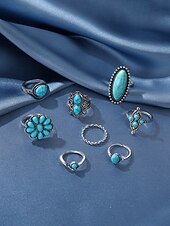 olcso Női Gyűrűk-Női bohém ötvözetből és türkizből készült gyűrűszett, 8 darabos, egymásra rakható vintage ujjpercgyűrűk tengerparti nyaraláshoz, hétköznapi nyári öltözékekhez és mindennapi bohém viselethez