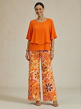 ieftine Costume de bluză de damă-Set pantaloni largi din șifon cu imprimeu floral pentru femei, pentru nunți și ocazii elegante