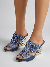 abordables Sandalias de cuña-Sandalias de cuña azules adornadas para mujer, zapatos elegantes sin cordones con punta abierta para la madre de la novia, boda en el jardín &amp;eventos formales