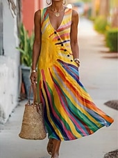 cheap Boho Dress-Women's Long Dress Maxi Dress Sundress Casual Dress A Line Dress Elegant Vacation Stylish Beach Holiday Regular Fit Graphic Geometric Sleeveless V Neck Blue Yellow Pink Summer Spring