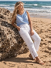 abordables Bas-Femmes Chinos Pantalon d'été 100% Coton Droit Vacances Streetwear Basique Longueur complète Taille moyenne Uni Avec Poches Taille Élastique Confortable Confort Non Elastique Quotidien Extérieur