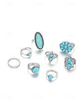 olcso Női Gyűrűk-Női bohém ötvözetből és türkizből készült gyűrűszett, 8 darabos, egymásra rakható vintage ujjpercgyűrűk tengerparti nyaraláshoz, hétköznapi nyári öltözékekhez és mindennapi bohém viselethez