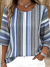 abordables Chemises Fausses Essentielles-Femmes Chemisier Imprimé Rayé Graphique Géométrique Rayé Bohème Tropical Élégant Manche 3/4 Demi Manches Col ras du cou Hauts Réguliers Quotidien Vêtements de vacances Bleu Été Printemps