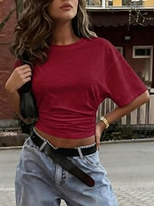 economico T-shirt semplice-Per donna Maglietta Arricciato Tinta unica Semplice Moda Elegante Classico Manica Corta Girocollo Top corti Quotidiano Uscire Weekend Marrone Scuro Nero Bianco Rosa Vino Estate Primavera