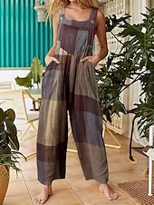 preiswerte Overalls &amp; Einteiler für Frauen-Damen Hose aus Baumwollleinen Mode Volle Länge Hohe Taille Karomuster Stilvoll Schnalle Drucken Atmungsaktivität Weich Mikroelastisch Lässig Täglich Heim Blau Hellgrünkaffee Weinrot Sommer Frühling