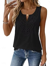 cheap Lace Tops-Women's Blouse Patchwork Plain Vintage Stylish Sleeveless V Neck Regular Tops Daily Outdoor Holiday Black White Navy Blue Apricot Rose Pink Summer Spring