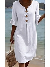 tanie Podstawowe sztuczne sukienki-Damskie Sukienka midi Sztuczna bawełna len Sukienka trapezowa Codzienny Codzienny Luźna Równina Rękaw 3/4 W serek Niebieski Czarny Biały Zielony Lato Wiosna Jesień