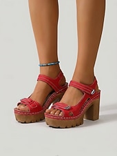 economico Sandali con tacco-Sandali da donna rossi con plateau e tacco a blocco – sandali a punta aperta con suola spessa e cinturino regolabile, scarpe estive casual alla moda per viaggi e feste in giardino &amp;abbigliamento