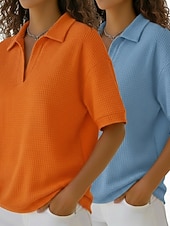  Multipack mit 2 Damen-Waffel-T-Shirts, Poloshirts, Waffelstrick-Tops, schlichte, modische Basics, klassische Kurzarm-Hemdkragen-Tops, lässige Alltags-Strand-Tops, gelb + orange