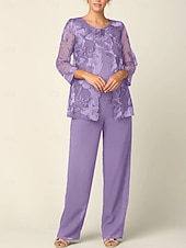 cheap Mom's Pant Suits-Jumpsuit Pantsuit 3 Piece Floor Length Mother of the Bride Dress Long Sleeve Crew Neck Elegant Formal Wedding Guest Chiffon Wrap Included with Lace Embroidery