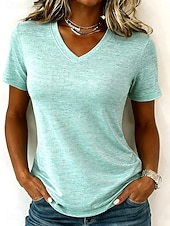 abordables T-shirt uni-Femmes T-shirt Couleur Unie Élégant Basique Manche Courte Col en V Hauts Réguliers Occasionnel Sports Week-end Noir Vert Claire Rose Claire Violet Claire Gris Clair Été Printemps