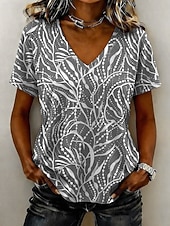 abordables Camiseta floral-Mujer Camiseta Estampado Graphic Plantas Abstracto Elegante Clásico Casual Manga Corta Escote en Pico Tops regulares Casual Diario Rojo Morado Verde Trébol Gris Verano Primavera