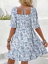 abordables Vestidos casuales con flores-Mujer Vestido hasta la Rodilla Vestido informal Vestido de flores Vestido Estampado Elegante Moda Moderno Manga Farol Exterior Vacaciones Noche Holgado Floral Manga Corta Escote Cuadrado Azul Piscina