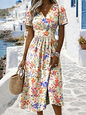  Women's Midi Dress A Line Dress Vacation Casual Boho Regular Fit Floral Graphic Short Sleeve V Neck Blue Yellow Red Purple Summer Spring