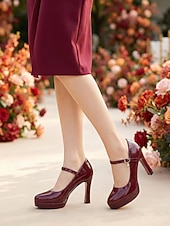 お買い得  プラットフォームパンプス-女性用レッドパテントプラットフォームメリージェーンヒール、ラウンドトゥストラップドレスシューズ（結婚式ゲスト、ガーデンウェディング用） &amp;フォーマルなイベント