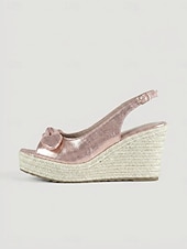 abordables Femmes-Sandales compensées roses pour femmes - espadrilles à plateforme avec nœud pour un dîner de vacances &amp;soirée sur la plage