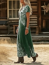 お買い得  エスニックボヘミアンドレス-女性用 マキシドレス 自由奔放に生きるドレス カジュアルドレス A ラインドレス プリントドレス ヴィンテージ アウトドア バケーション 週末 ルーズフィット グラフィック 半袖 Ｖネック ブラック イエロー ライトグリーン ピンク 夏 春