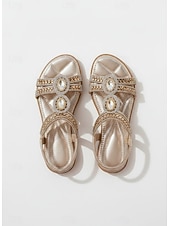 abordables Sandales Plates-Sandales plates pour femmes ornées de strass dorés – chaussures glamour pour invitées à un mariage sur la plage, sandales bohèmes d'été pour les vacances et les fêtes en station balnéaire &amp;événements