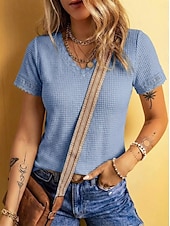 cheap Plain tee-Women's Waffle T-shirt Lace Splicing Top Tee Top Elegant Stylish Short Sleeve V Neck Regular Tops Casual Going out Vacation Wear Blue Black White Green Apricot Summer Spring