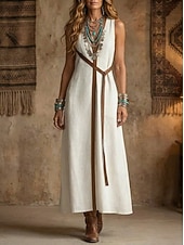 abordables Vestidos-Mujer Vestido maxi Vestidos con tacto de lino Vestido bohemio Vestido de Columpio Elegante Moda Moderno Exterior Festivos Noche Ajuste regular Bloque de color Sin Mangas Collar mandarín Blanco