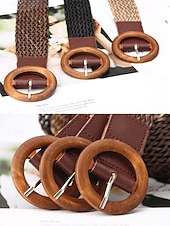 preiswerte Damengürtel-Boho-Taillengürtel für Damen, mehrfarbiger, elastischer Flechtgürtel mit runder Vintage-Holzschnalle – ideal für Strandurlaub, Sommerresort und lässigen Alltag.