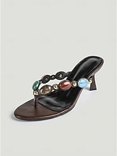 voordelige Hakken Sandalen-Luxe damessandalen met bruine hak - bohemian teenslippers met kleurrijke harssteentjes &amp;Gouden oorknopjes voor avondkleding in resorts en diners op eilanden. &amp;zomergala's