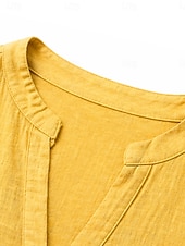 お買い得  ラグジュアリーシャツ-女性用 コットンリネンシャツ 夏のトップス ブラウス ドレッシーなトップス フリル パッチワーク ポケット 純色 平織り エレガント ヴィンテージ レディース 七分袖 Ｖネック シャツカラー ロングトップス カジュアル 日常 ワーク ブルー イエロー パープル グリーン カーキ色 夏 春