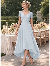 billige Ankellengde-A-linje Asymmetrisk Festkjole Cocktail Kjole Gjestekjole til bryllup Kjole til brudens mor Kortermet V-hals Elegant Formell Bryllupsgjest Formell kveld Chiffon med Ensfarget