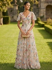  Linea ad A Abito Lunghezza al pavimento Vestito maxi Vestito da Festa Abito da Cocktail Abito da cerimonia per signora Manica Corta Scollo a V Elegante Vintage Lussuoso Formale Ospite di nozze Derby